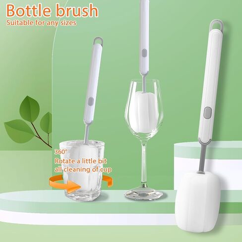 Bottle Brush Water Bottle Cleaner - Pack of 2 Cup Cleaner Brush Set with Soft Sponge for Washing,Baby Bottle Brush,Cup Cleaner Brush,Replacement Sponge Head (White) in Saudi Arabia