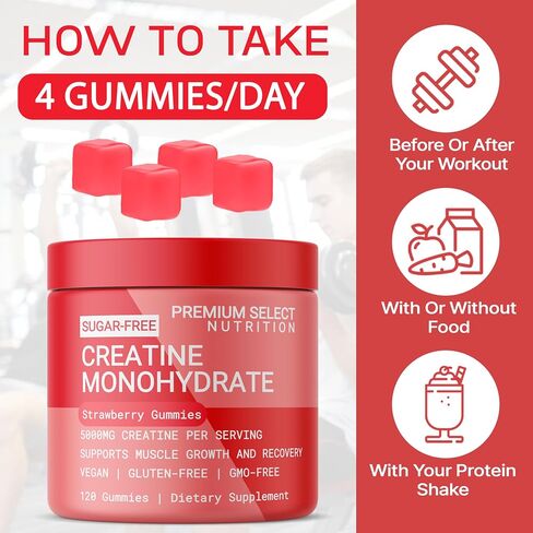 Premium Select Creatine HCL Gummies for Men & Women Pre Workout Gummy Low Sugar - Vegan - Gluten Free - 5g Creatine Per Serving - Bodybuilding Recovery Supplement to Increase Muscle Gain and Strength in Saudi Arabia