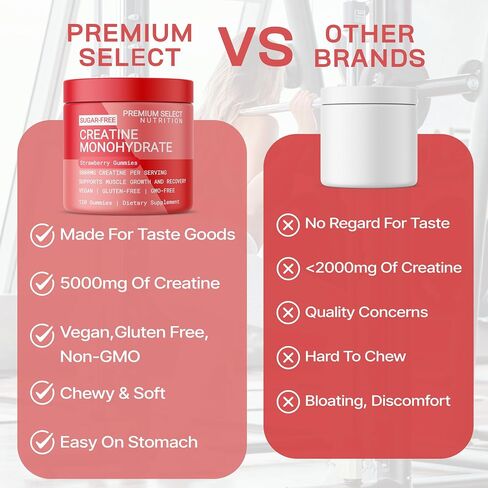 Premium Select Creatine HCL Gummies for Men & Women Pre Workout Gummy Low Sugar - Vegan - Gluten Free - 5g Creatine Per Serving - Bodybuilding Recovery Supplement to Increase Muscle Gain and Strength in Saudi Arabia