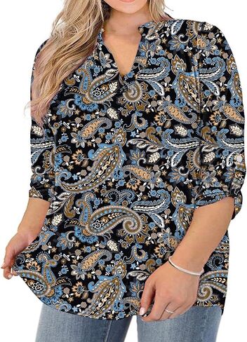 AMCLOS Womens Plus Size Tops V Neck T-Shirts Blouses Casual Soft Flowy Tunic Long Roll Tab Sleeves with Buttons(Green,3XL) in Saudi Arabia