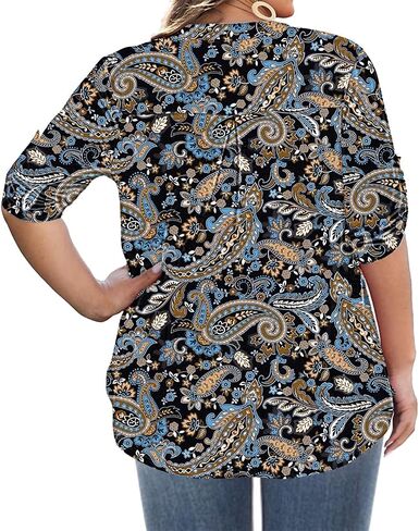 AMCLOS Womens Plus Size Tops V Neck T-Shirts Blouses Casual Soft Flowy Tunic Long Roll Tab Sleeves with Buttons(Green,3XL) in Saudi Arabia