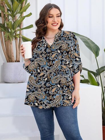AMCLOS Womens Plus Size Tops V Neck T-Shirts Blouses Casual Soft Flowy Tunic Long Roll Tab Sleeves with Buttons(Green,3XL) in Saudi Arabia