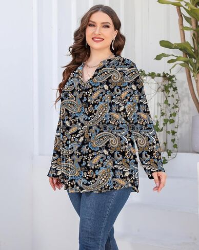 AMCLOS Womens Plus Size Tops V Neck T-Shirts Blouses Casual Soft Flowy Tunic Long Roll Tab Sleeves with Buttons(Green,3XL) in Saudi Arabia