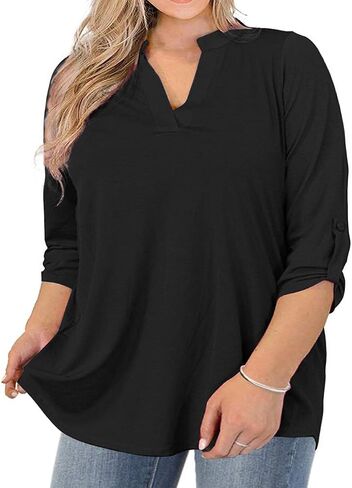 AMCLOS Womens Plus Size Tops V Neck T-Shirts Blouses Casual Soft Flowy Tunic Long Roll Tab Sleeves with Buttons(Green,3XL) in Saudi Arabia