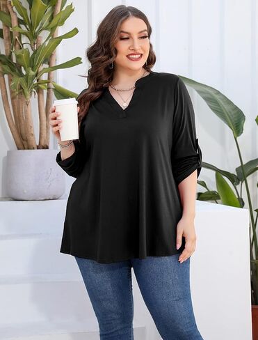AMCLOS Womens Plus Size Tops V Neck T-Shirts Blouses Casual Soft Flowy Tunic Long Roll Tab Sleeves with Buttons(Green,3XL) in Saudi Arabia