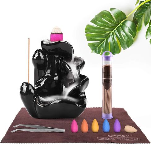 OTOFY حامل بخور مبخرة بتدفق خلفي مصنوع يدويًا مع 90 مخروطًا بخورًا + 50 مجموعة من أعواد البخور، زينة للعلاج بالروائح العطرية، ديكور منزلي، تمثال ديكورات هدايا (لوتس صغيرة سوداء) in Kuwait