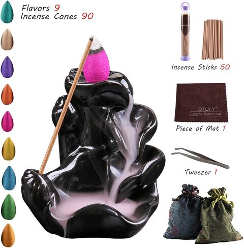 OTOFY حامل بخور مبخرة بتدفق خلفي مصنوع يدويًا مع 90 مخروطًا بخورًا + 50 مجموعة من أعواد البخور، زينة للعلاج بالروائح العطرية، ديكور منزلي، تمثال ديكورات هدايا (لوتس صغيرة سوداء) in Kuwait