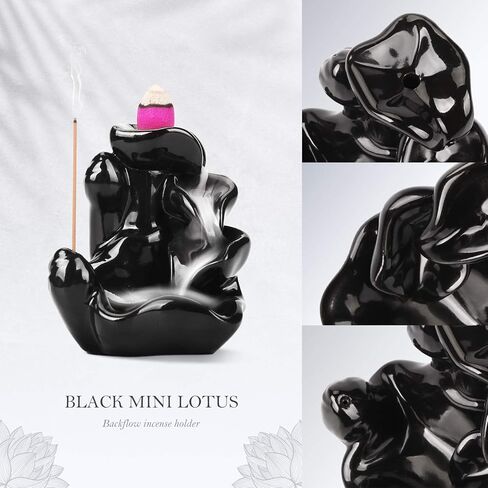 OTOFY حامل بخور مبخرة بتدفق خلفي مصنوع يدويًا مع 90 مخروطًا بخورًا + 50 مجموعة من أعواد البخور، زينة للعلاج بالروائح العطرية، ديكور منزلي، تمثال ديكورات هدايا (لوتس صغيرة سوداء) in Kuwait