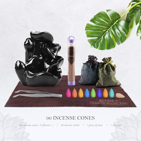 OTOFY حامل بخور مبخرة بتدفق خلفي مصنوع يدويًا مع 90 مخروطًا بخورًا + 50 مجموعة من أعواد البخور، زينة للعلاج بالروائح العطرية، ديكور منزلي، تمثال ديكورات هدايا (لوتس صغيرة سوداء) in Kuwait