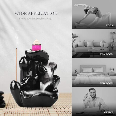 OTOFY حامل بخور مبخرة بتدفق خلفي مصنوع يدويًا مع 90 مخروطًا بخورًا + 50 مجموعة من أعواد البخور، زينة للعلاج بالروائح العطرية، ديكور منزلي، تمثال ديكورات هدايا (لوتس صغيرة سوداء) in Kuwait