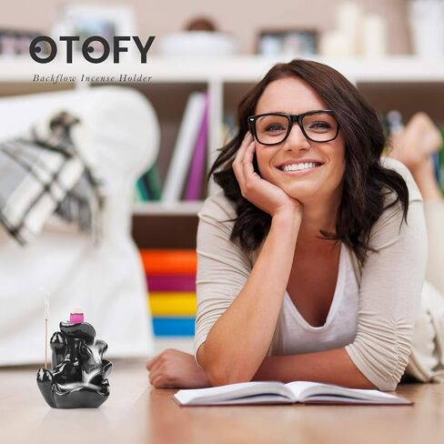 OTOFY حامل بخور مبخرة بتدفق خلفي مصنوع يدويًا مع 90 مخروطًا بخورًا + 50 مجموعة من أعواد البخور، زينة للعلاج بالروائح العطرية، ديكور منزلي، تمثال ديكورات هدايا (لوتس صغيرة سوداء) in Kuwait
