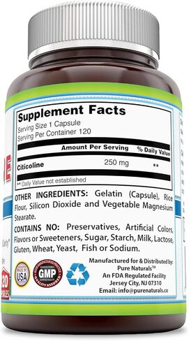 Pure Naturals - Citicoline Dietary Supplement - 250 Milligrams - 120 Capsules - Supports Brain Health - Promotes Better Memory and Focus in Saudi Arabia