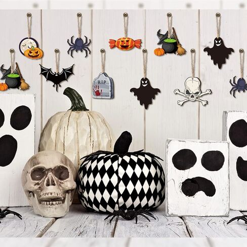 24 Pieces Halloween Wooden Hanging Ornaments Halloween Tree Decorations Wood Halloween Sign with Rope Pumpkin Ghost Witches Hat Wooden Decors for Halloween Party Home Decoration(Bat Style) in Saudi Arabia