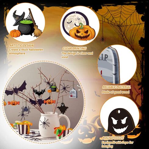 24 Pieces Halloween Wooden Hanging Ornaments Halloween Tree Decorations Wood Halloween Sign with Rope Pumpkin Ghost Witches Hat Wooden Decors for Halloween Party Home Decoration(Bat Style) in Saudi Arabia
