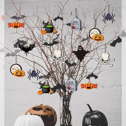 24 Pieces Halloween Wooden Hanging Ornaments Halloween Tree Decorations Wood Halloween Sign with Rope Pumpkin Ghost Witches Hat Wooden Decors for Halloween Party Home Decoration(Bat Style) in Saudi Arabia