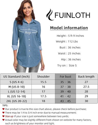 قميص Fuinloth نسائي بأزرار سفلية، بلوزة قطنية بأكمام طويلة، سترة جينز طويلة، أسود متوسط in Kuwait