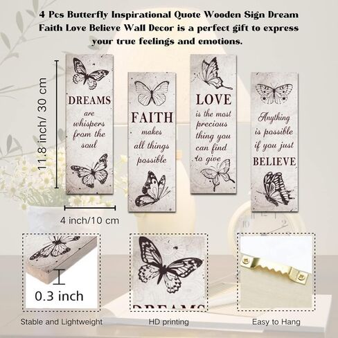 4 قطع فراشة ملهمة اقتباس الإيمان الحب الحب حلم علامة خشبية حلم الإيمان الحب صدق ديكور الحائط الخشب زهرة الفتيات ديكور غرفة ريفي علامات تشجيع لديكور المنزل ديكور جدار الحمام in Kuwait