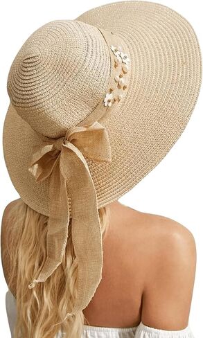 Verdusa Women's Scalloped Wide Brim Straw Sun Hats Boho Beaded Beach Hat in Saudi Arabia