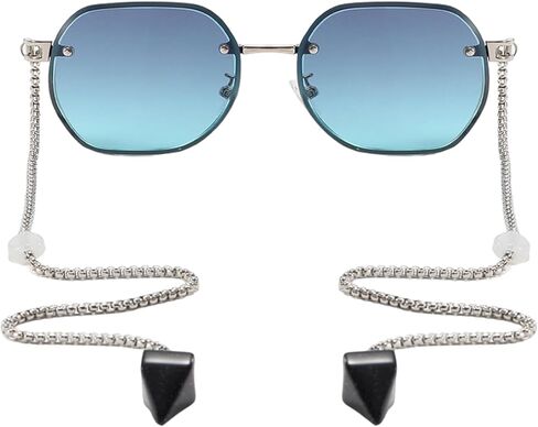 Loom&Pearl Armless Chain Temple Sunglasses Sky Blue Geometric Sunglasses Eyewear Shades with Non-Slip Holds on Ears in Saudi Arabia