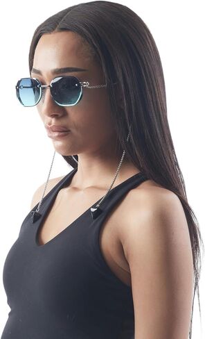 Loom&Pearl Armless Chain Temple Sunglasses Sky Blue Geometric Sunglasses Eyewear Shades with Non-Slip Holds on Ears in Saudi Arabia