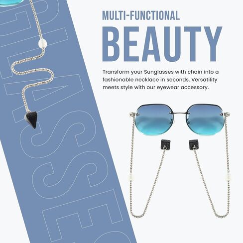 Loom&Pearl Armless Chain Temple Sunglasses Sky Blue Geometric Sunglasses Eyewear Shades with Non-Slip Holds on Ears in Saudi Arabia