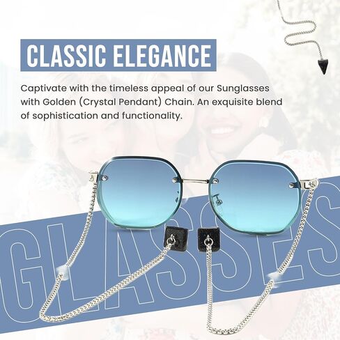 Loom&Pearl Armless Chain Temple Sunglasses Sky Blue Geometric Sunglasses Eyewear Shades with Non-Slip Holds on Ears in Saudi Arabia