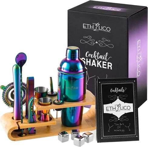 Cocktail Shaker Kit | Barware Tool Set | Professional 15 piece Bartender Kit with Natural Bamboo Stand - 55 Cocktail Recipe Book Included - Rainbow in Saudi Arabia
