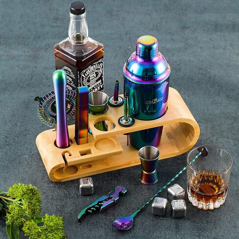 Cocktail Shaker Kit | Barware Tool Set | Professional 15 piece Bartender Kit with Natural Bamboo Stand - 55 Cocktail Recipe Book Included - Rainbow in Saudi Arabia