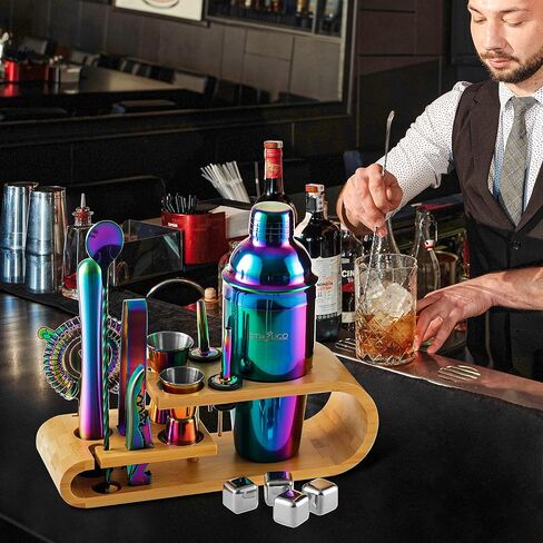 Cocktail Shaker Kit | Barware Tool Set | Professional 15 piece Bartender Kit with Natural Bamboo Stand - 55 Cocktail Recipe Book Included - Rainbow in Saudi Arabia