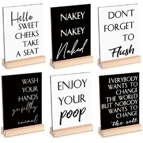 6 Pieces Funny Bathroom Signs Wooden Humor Sayings Restroom Decor Mini Bathroom Signs Decor with Base Stand Rustic Bathroom Farmhouse Decor for Home Shelf Bath Tiered Tray Table Housewarming Gifts
