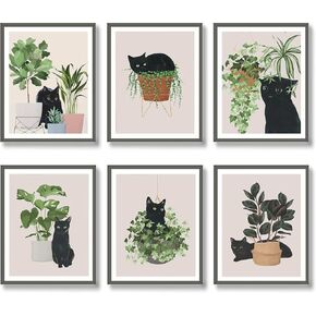 6pcs Cute Black Cat Botanical Wall Art, Green Leaves Plants Boho Wall Art Canvas Paintings, Minimalist Aesthetic Poster Prints Wall Decor Pictures for Living Room Bedroom Office, Unframed (8"x10")