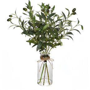 Artificial Plants Olive Branch in Glass Vase, 14.5" Fake Plant Greenery Stems with Olive Branches Faux Eucalyptus Stems for Home Office Farmhouse Wedding Table Centerpiece Décor