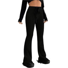SHENHE Women's Ribbed Knit High Waist Drawstring Raw Hem Flare Leg Skinny Pants