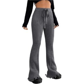 SHENHE Women's Ribbed Knit High Waist Drawstring Raw Hem Flare Leg Skinny Pants