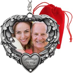 in Memory Photo Ornament - Always in My Heart - Angel Wings Picture Christmas Ornament - Sympathy Gifts - Bereavement Gifts - Gift/Storage Bag Included Measures 3.25" H x 3.25" W.