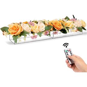 2PC Acrylic Flower Vase Rectangular Total Length 23.5", Long Rectangle Vase with Timer Function LED Fairy Lights,Modern vase for Home and Wedding Decoration-Ideal for Long Table Floral Decor