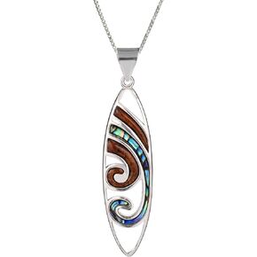 Aloha Jewelry Company 925 Sterling Silver Natural Koa Wood Hawaiian Surfboard Necklace Pendant, Nickel Free Hypoallergenic for Sensitive Skin, Heirloom Scroll Hibiscus Flower Wave, with 18" Box Chain