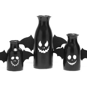 Halloween Vase 3-Piece Decoration Set Ceramic Glossy Vase with Cute Sculpted Ghost Face Plus Bat Decoration Combo (Black)