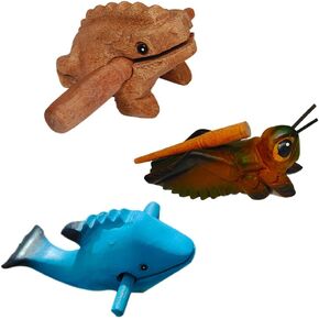 3Pcs Guiros Wooden Percussion,4 Inches Wooden Dolphin Guiros,4 Inches Wooden Owl,3.5 Inches Wooden Elephant，a variant of the Wooden Frog Guiros