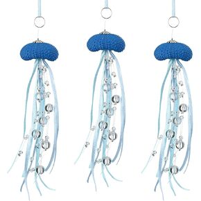 6 Pcs Sea Urchin Jellyfish Christmas Ornament Coastal Beaded Beach Theme Holiday Decorations Ocean Inspired Elegant Hanging Jellyfish Decorations with Crystal and Ribbons (White)