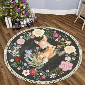 Round Boho Nursery Rug 4 ft Forest Animal Theme Cartoon Carpets Woodland Bedroom Decor Botanical Floral Deer Cute Area Rug Non Slip Circle Floor Mat for Boys Girls Room Playroom Classroom