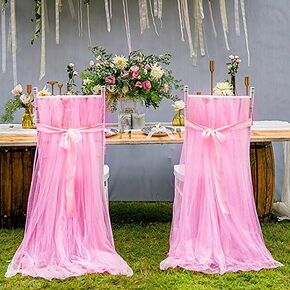 FLYPARTY Handmade Tulle Tutu Chair Skirt with Sash Bow for Party Wedding Baby Shower Home Decoration (Khaki,Set of 2)