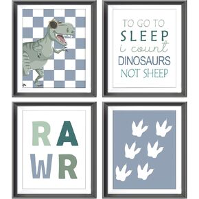 Rawr Retro Checkered Dinosaur T-Rex Pawprints Poster Prints for Teen Boy Kids Room Playroom Decor,Dinosaurs Nursery Decorations Prints Wall Art Unframed 4pcs 8x10inches,Boys Kids Gifts