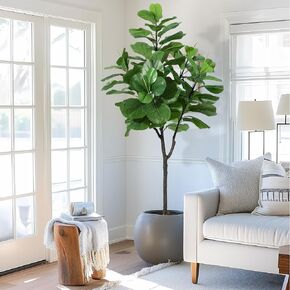 Artificial Fiddle Leaf Fig Tree 6FT(72in) Tall Faux Silk Ficus Trees for Home Office Living Room Decor Indoor Fake Potted Tree with Natural Dry Grass and Lifelike Ficus Leaf