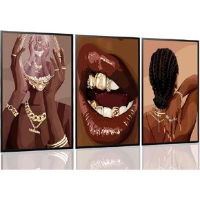 ANVOTIG Framed Black Woman Wall Art Set of 3 Black Girl African Women Canvas Wall Decor American Black Female Pictures Boho Fashion Abstract Posters Home Bedroom Living Room 12x16 Inch