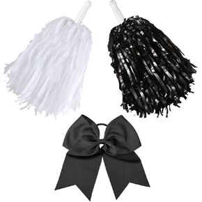 Hanaive 3 Pcs Plastic Cheerleading Pom Poms and Large Cheerleader Hair Bow Metallic Foil Pompoms Cheer for Cheering Squad Dance Rooters Accessories