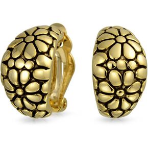Flower Wide Half Hoop Clip On Earrings For Women Shrimp Style Non Pierced Ears Oxidized 14K Gold or Silver Plated Brass