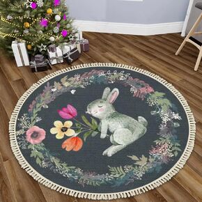 Round Boho Nursery Rug 4 ft Forest Animal Theme Cartoon Carpets Woodland Bedroom Decor Botanical Floral Rabbit Cute Area Rug Non Slip Circle Floor Mat for Boys Girls Room Playroom Classroom