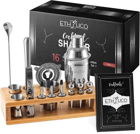 Cocktail Shaker Kit | Barware Tool Set | Professional 15 piece Bartender Kit with Natural Bamboo Stand - 55 Cocktail Recipe Book Included - Rainbow in Saudi Arabia