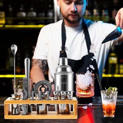 Cocktail Shaker Kit | Barware Tool Set | Professional 15 piece Bartender Kit with Natural Bamboo Stand - 55 Cocktail Recipe Book Included - Rainbow in Saudi Arabia
